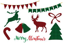 Elk, Reindeer Silhouette. Christmas Deer. Christmas Deer On Red Plaid Pattern. Vector
