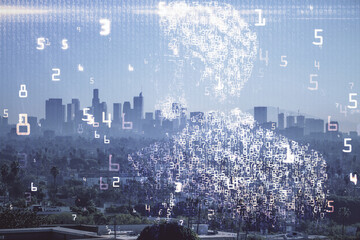 Double exposure of technology theme hologram and cityscape background. Concept of Hightech.