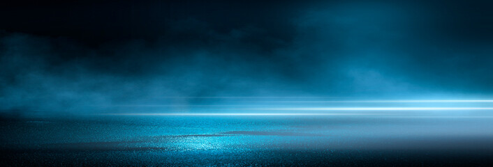 Wall Mural - dark cold wet street, asphalt, neon light. reflection of neon in water. empty night street scene, ni