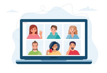 Wall Mural - Computer with group of people doing group call. Online meeting via video conference. Vector illustration in flat style