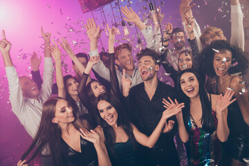 Sticker - Photo of group crazy people raise hands catch falling sequins confetti wear stylish outfit modern club indoors