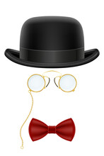 Black Retro Bowler Hat With Glasses And Bow Tie Vector Illustration