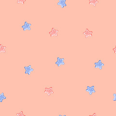 Seamless pattern. Watercolor hand painted red and blue stars on pink background. Perfect for printing on to fabric, design packaging and cover.