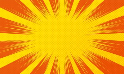 Wall Mural - Pop art yellow background. Comic cover with halftone and sunburst 