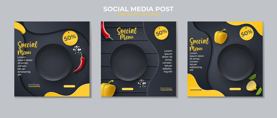 Food social media post template. vector illustration with plate, peppers, chilies.