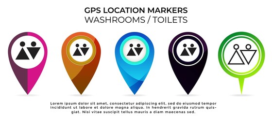 A set of 5 GPS navigation location marker pin icon with washroom or WC icon of different designs and color scheme isolated on white background. Vector illustration