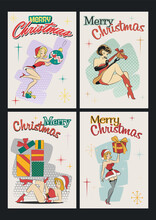 Christmas Pin Up Girls, Mid Century Modern Greeting Cards Style Illustrations 