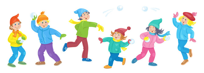 Poster - Winter fun. Group of happy boys and girls playing snowball. Banner in cartoon style. Isolated on white background. Vector flat illustration.