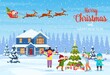 © Rogatnev - happy new year and merry Christmas greeting card. Christmas landscape. kids decorating a Christmas tree. Winter holidays. Santa Claus with deers in sky. Vector illustration in flat style