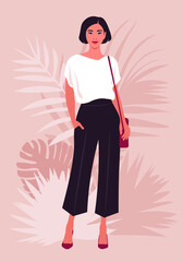 Portrait of an Asian woman who stands in full height with shoulder bag. Vector illustration