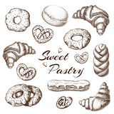 Fototapeta  - Hand drawn baked products on white background. pastry illustration. pastry sketch for cafe or bakery menu design in vintage engraved style. donuts, croissants, eclair, pretzels graphic icon set.