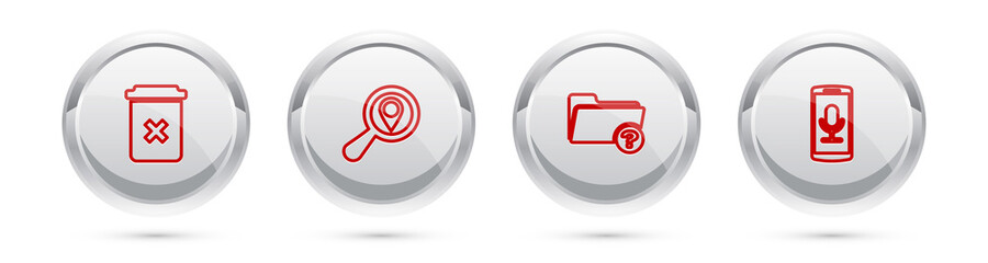 Poster - Set line Trash can, Search location, Unknown directory and Mobile recording. Silver circle button. Vector.