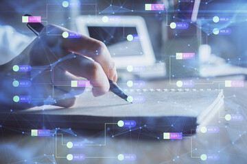 multi exposure of woman's hands on background with technology and digital coding icons. data develop