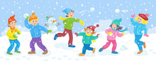 Winter Fun. Happy Children Play Snowballs In A Winter Glade. Banner In Cartoon Style. Vector Flat Illustration.