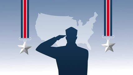 Poster - happy veterans day animation with soldiers saludating silhouette and medals