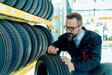 Professional mechanic working on tires inspection in the auto services/tires services centre