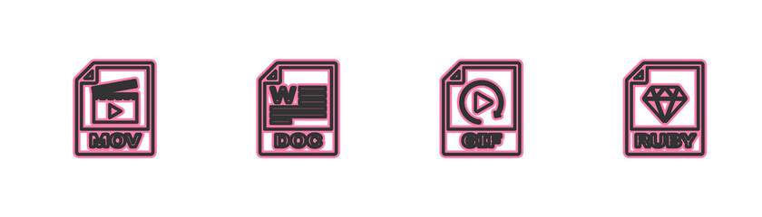 Set line MOV file document, GIF, DOC and RUBY icon. Vector.