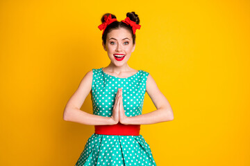 Poster - Portrait of nice pretty cheerful cheery girl wearing teal dress asking favor isolated over vibrant yellow color background