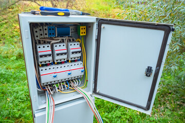 Poster - electric panel on the street. metal cabinet with electrical switches. electric cabinet on background