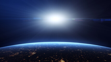 Sunrise, blue light, view from space on Planet Earth at night. World rotating in black Universe in stars. 3D Rendering, animation. Elements of this image furnished by NASA.