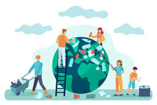 Earth Cleaning. People Clean World From Garbage. Save Planet Ecology Concept. Environmental Protection From Pollution Vector Illustration. Save Planet And World, People Clean Environment Earth