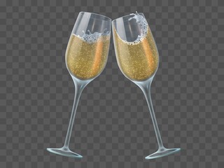 Two champagne glasses. Toast of wineglasses with sparkling transparent white wine and bubbles. Christmas, new year isolated vector elements. Champagne wineglass to new year celebration illustration