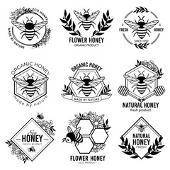 Wall Mural - Honey labels. Beekeeping eco product badges, apiculture natural organic propolis stickers. Flower nectar ad tags vector isolated set. Bee emblem, beekeeping badge organic illustration