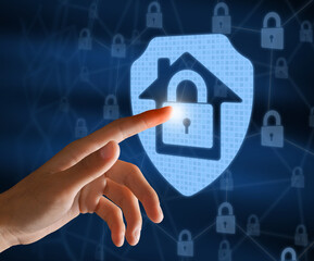 Poster - Woman touching hologram of locked house icon