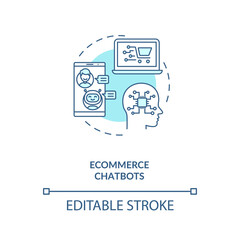 Sticker - Ecommerce chatbots concept icon. Business inovational devices. Innovational selling field. AI application idea thin line illustration. Vector isolated outline RGB color drawing. Editable stroke