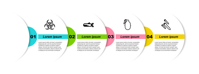 Sticker - Set line Biohazard symbol, Submarine, Hand grenade and Rocket. Business infographic template. Vector.