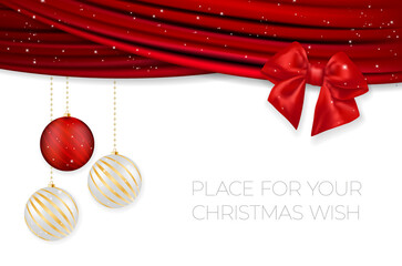 Wall Mural - Christmas card with red fabric, bow and christmas balls