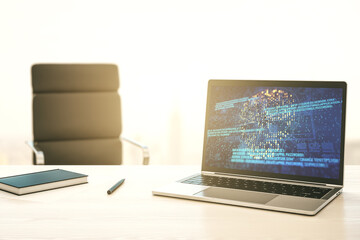 Aufkleber - Modern computer monitor with creative code skull hologram. Malware and cyber crime concept. 3D Rendering