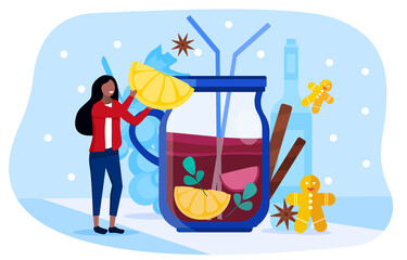 Abstract illustration depicting a tiny young beautiful happy smiling girl drinking mulled wine from a giant glass with a straw. Flat vector illustration with fictional character.