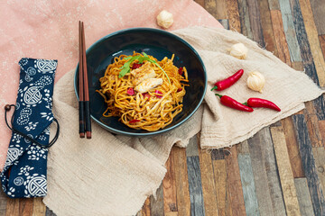 Wall Mural - Vegetable noodles with chicken meat preparation