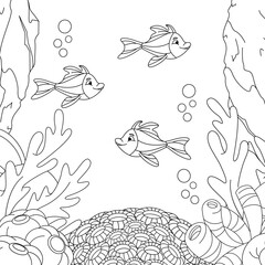 Wall Mural - Underwater world with fish. Coloring Book Page