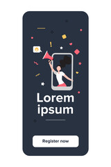 Girl with megaphone advertising referrals. Influencer marketing on phone screen flat vector illustration. Refer a friend program concept for banner, website design or landing web page