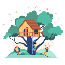 Children Playing In Playground With Treehouse. Boys And Girls Enjoying Summer Vacation, Having Fun In House On Tree. Vector Illustration For Childhood, Outdoor Activity, Kindergarten Concept