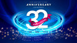 32 years anniversary logo template on dark blue Abstract futuristic space background. 32nd modern technology design celebrating numbers with Hi-tech network digital technology concept design elements.