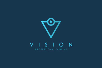 Poster - Abstract Initial Letter V Vision Logo. Blue Linear V Letter with Eye Icon Combination isolated on Blue Background. Usable for Business and Technology Logos. Flat Vector Logo Design Template Element.