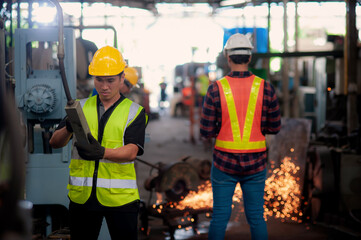 Wall Mural - Asian professional engineering male and technician Machine operator control is checking operating in factory and the back has sparks from metal cutting. Due to the maintenance of machinery