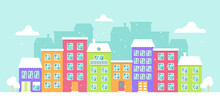 Vector Winter Panorama Of A Colorful City, Snowy Day, Bright Houses