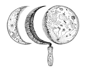 sickle and moon phases. waning and crescent moon. hand drawn vector illustration isolated black on w