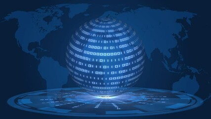 Poster - Abstract data flow movement - digital futuristic technology concept - sphere of permanently changing binary code in rotation over HUD elements in light effects - world map background