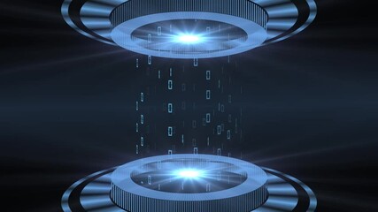 Poster - Abstract digital futuristic technology concept - rotating HUD elements in blue color on dark background - light beam in cylinder shape in their center with digits of the binary code falling down