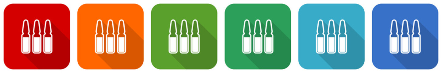 Poster - Vaccine ampules icon set, flat design vector illustration in 6 colors options for webdesign and mobile applications