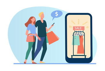 Couple shopping online. Sale in fashion store, ad on cellphone screen flat vector illustration. Black Friday, discount season ,e-commerce concept for banner, website design or landing web page