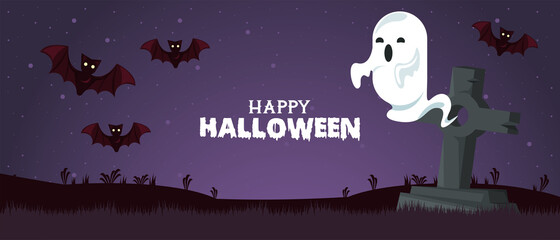 Sticker - happy halloween celebration card with ghost and bats in cemetery