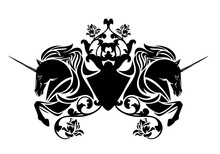 Black And White Vector Silhouette Design Of Medieval Style Fairy Tale Coat Of Arms With Mythical Unicorn Horses And Rose Flowers