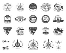 Vintage Hand Drawn Old Fly Stamps. Travel Or Business Airplane Tour Emblems. Biplane Academy Labels. Retro Aerial Badge Isolated. Pilot School Logos. Plane Tee Design, Prints, Web Design. Stock