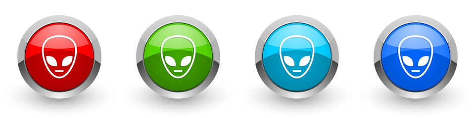 Poster - Alien face silver metallic glossy icons, set of modern design buttons for web, internet and mobile applications in four colors options isolated on white background